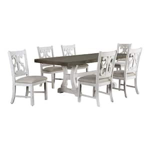 Wicks 7-Piece Rectangle Distressed White and Gray Wood Top Dining Table Set