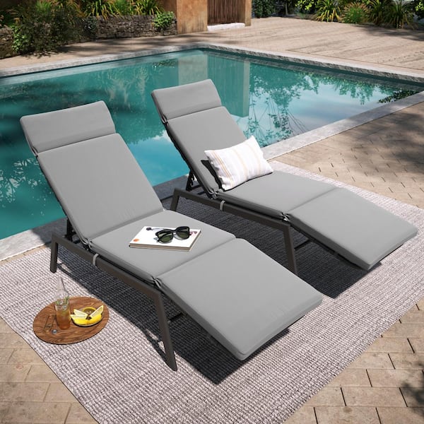 Pellebant Pack of 2 Adjustable Metal Outdoor Patio Chaise Lounge Dark Gray with Cushions