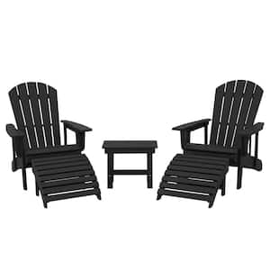 Outdoor HIPS Plastic Patio chat set Black Adirondack Chairs with Side Table and Folding Ottoman Set of 5-Piece