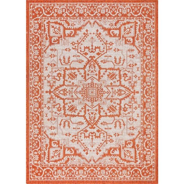 Well Woven Lia Celesine Persian Oriental Medallion Orange 5 ft. 3 in. x 7 ft. 3 in. Indoor/Outdoor Area Rug