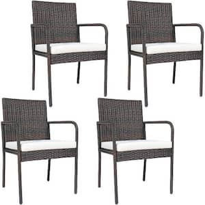 Brown Wicker Outdoor Dining Chair with White Cushion (4-Pack)