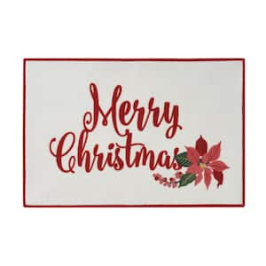 Merry Christmas White/Red 2 ft. x 3 ft. Poinsettias Polyester Rectangle Indoor Scatter Rug