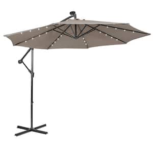 10 ft. Octagon Steel Cantilever 32 Solar LED Lighted Tilt Patio Umbrella in Coffee Offset Umbrella with Crank and Stand