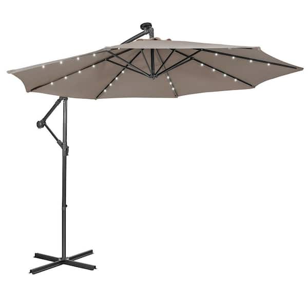 WELLFOR 10 ft. Octagon Steel Cantilever 32 Solar LED Lighted Tilt Patio Umbrella in Coffee Offset Umbrella with Crank and Stand