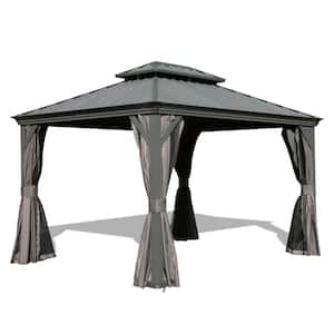 10 ft. x 12 ft. Gray Hardtop Gazebo with Drainage System, Galvanized Steel Roof, Curtain and Netting