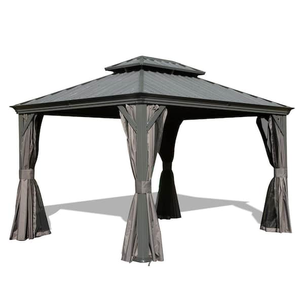 domi outdoor living 10 ft. x 12 ft. Gray Hardtop Gazebo with Drainage System, Galvanized Steel Roof, Curtain and Netting