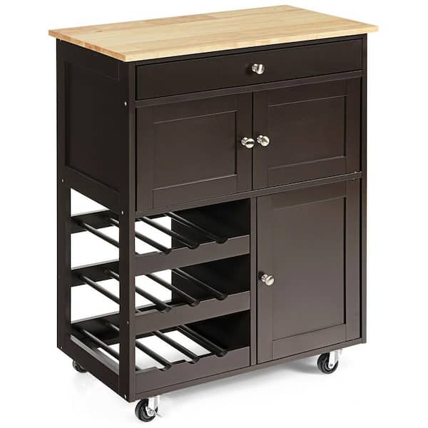Gymax Rolling Kitchen Island Serving Cart Storage Cabinet w/Wine Rack Brown