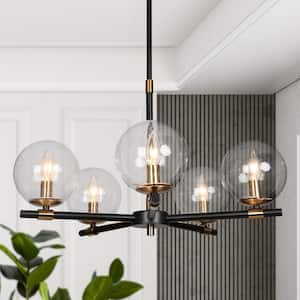 Modern Black Island Pendant Light, Ostter 22 in. 5-Light Brass Gold Round Chandelier, Industrial Hanging Light Fixture