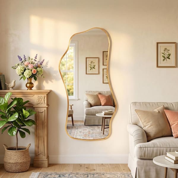 47 in. W x 22 in. H Gold Aluminum Alloy Framed Irregular Wall Mirror