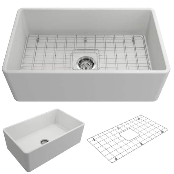 BOCCHI Classico Farmhouse/Apron Front Fireclay 30 in. Single Bowl Kitchen Sink with Bottom Grid and Strainer in Matte White