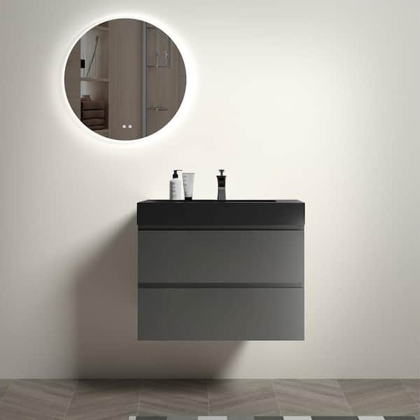 FUNKOL 30 in. W Modern Wall Mounted Floating Bathroom Vanity with 2 Drawers and Single Black Sink in Gray