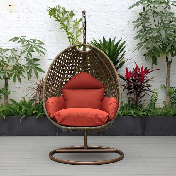 Leisuremod Beige Wicker Indoor Outdoor Hanging Egg Swing Chair For