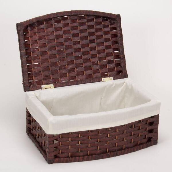 Rich Brown Stained Paper Rope Stair Step Basket with Round Front and Lid 
