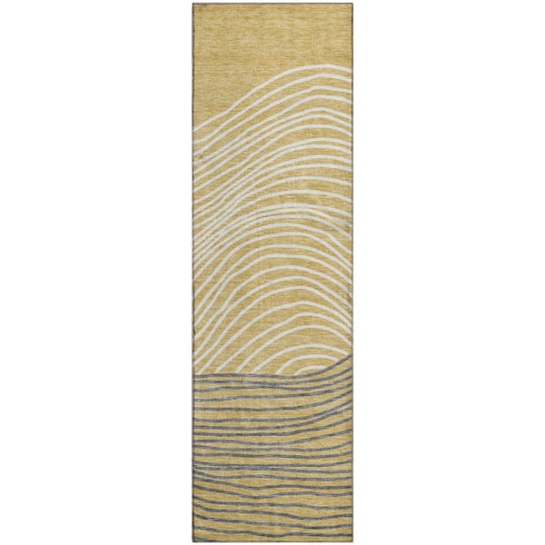 Mayfield Premium Machine Washable Abstract AMF2350 Gold 2 ft. x 7 ft. Runner Rug