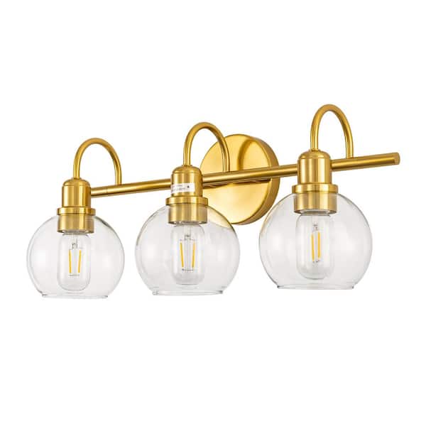 YANSUN 20 in. 3-Light Brass Gold Industrial 3-Light Bathroom Vanity Light with Clear Glass Globe Shades Bathroom
