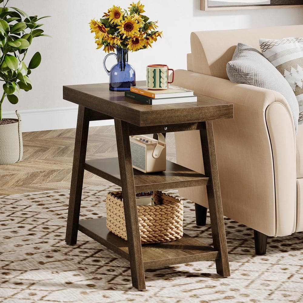 BYBLIGHT Kerlin 23.62 in. Rustic Brown Rectangular Wood End Table 3 Tier Farmhouse Side Tables with Storage Shelf for Home BB F2059YF The Home Depot