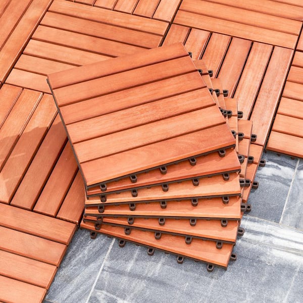 HOTEBIKE 12 in. x 12 in. 6-Slat Interlocking Wooden Deck Tile in Reddish Brown(Set of 10 Tiles)