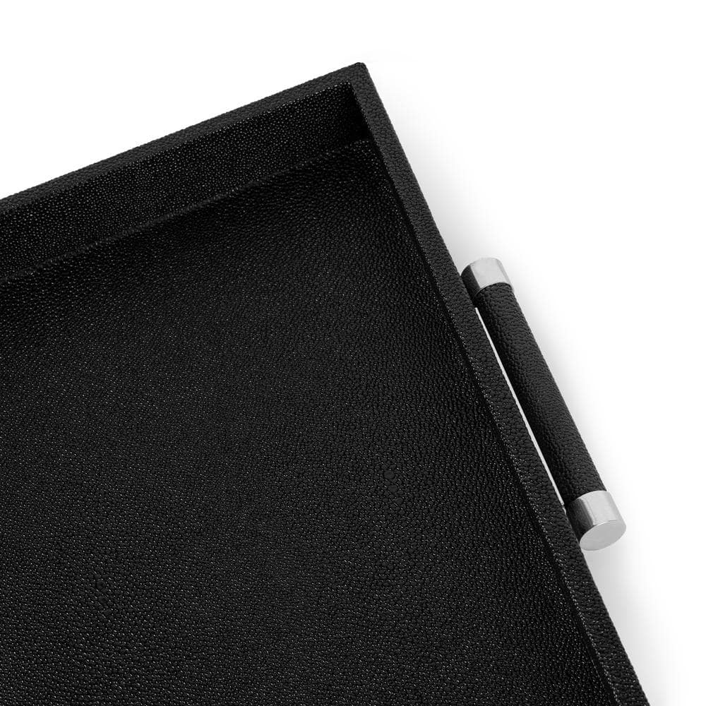 Black Shagreen Square Decorative Serving Tray with Silver Handles