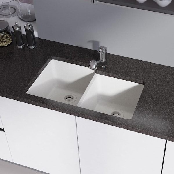 Rene Ivory Granite Quartz 33 in. Double Bowl Undermount Kitchen Sink Kit