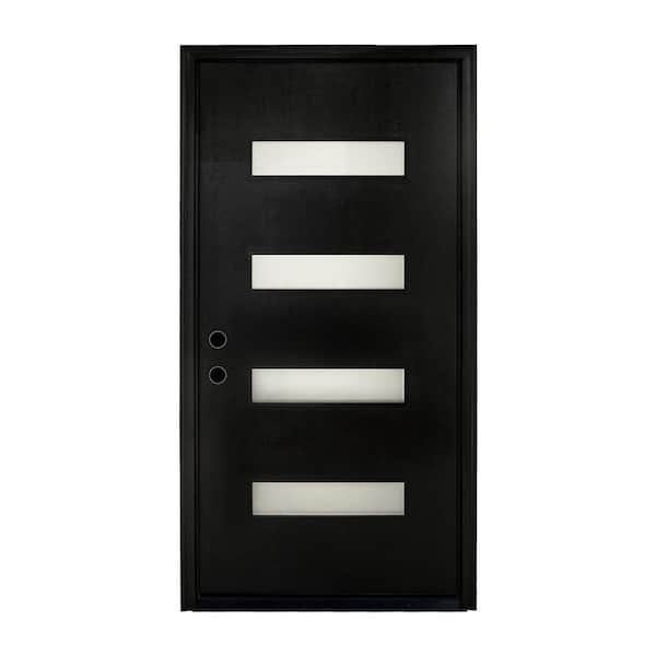36 in. x 80 in. Right-Hand 4 Lite Frosted Glass Finish Black Fiberglass Prehung Front Door with Hinges, Threshold
