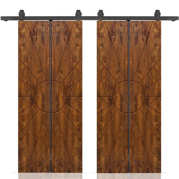 CALHOME Sun 48 in. x 84 in. Hollow Core Walnut Stained Pine Wood Double Bi-fold Door with Sliding Hardware Kit
