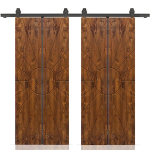 Sun 52 in. x 84 in. Hollow Core Walnut Stained Pine Wood Double Bi-fold Door with Sliding Hardware Kit