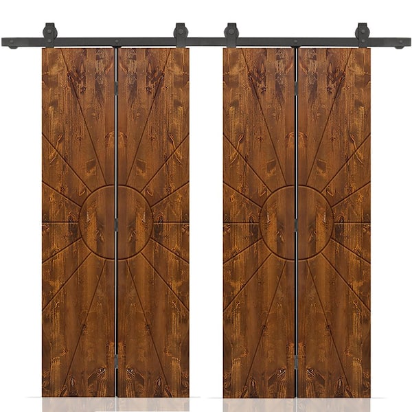 CALHOME Sun 68 in. x 80 in. Hollow Core Walnut Stained Pine Wood Double Bi-fold Door with Sliding Hardware Kit