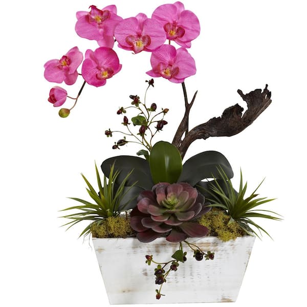 Nearly Natural 21 in. Artificial Orchid and Succulent Garden with White Wash Planter in Dark Pink