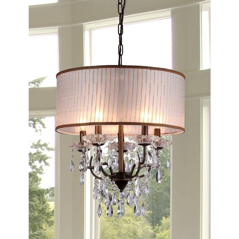 Antique Bronze Drum Chandelier with Fabric Shade