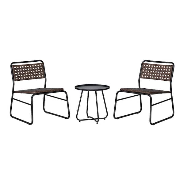 Freja 3-Piece Mid-Century Modern Faux Rattan Metal Patio Conversation Outdoor Patio Set, Black/Brown