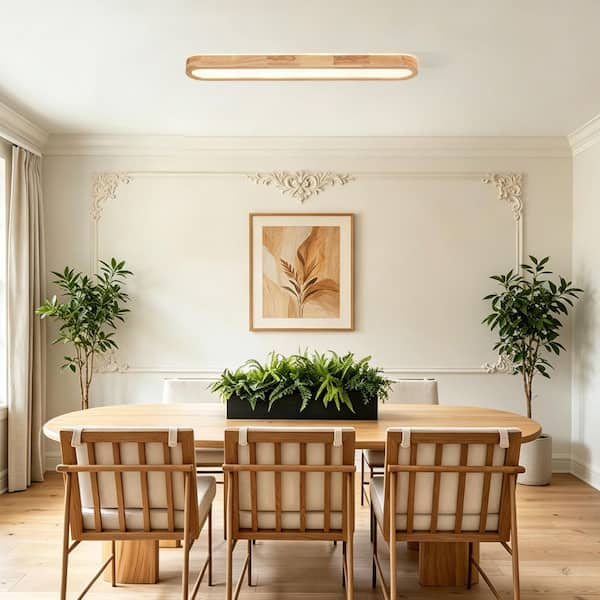HUOKU Lumin LED-Light 37.4 in.W Wood Flush Mount Round Long