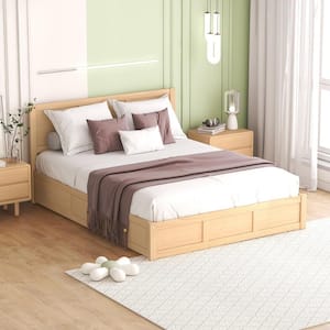 Brown Wood Frame Queen Size Platform Bed with Underneath Storage and 2 Drawers