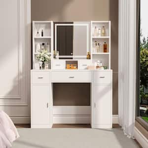 White 5-Drawer 43.3 in. Wide Dresser with Mirror and Shelves