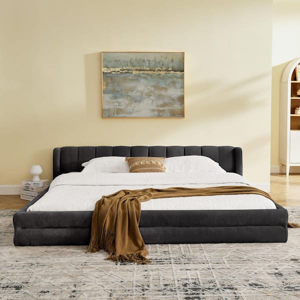 Lilah Dark Gray Wood Frame King Size Platform Bed with Fabric Upholstered Headboard
