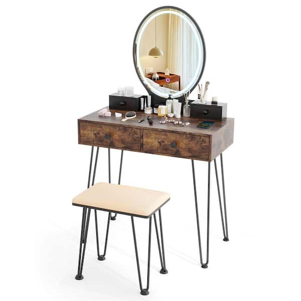 Costway Black Industrial Armoire Vanity Makeup Dressing Table Padded Stool Set 3-Color Lighted Mirror 53.5 in. x 31 in. x 16 in.