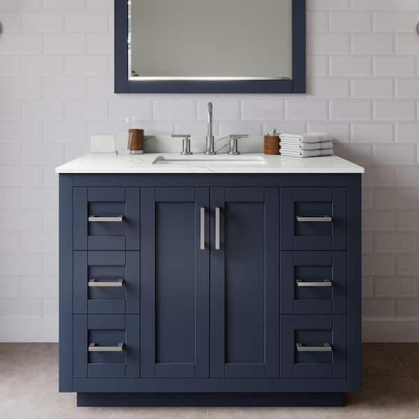 Wyndham Collection Miranda 42 in. W x 22 in. D x 33.75 in. H Single Bath Vanity in Dark Blue with Giotto Quartz Top