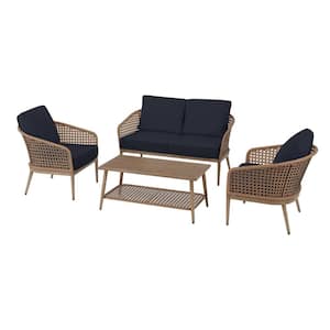 Coral Vista 4-Piece Brown Wicker and Steel Patio Conversation Seating Set with CushionGuard Midnight Navy Blue Cushions