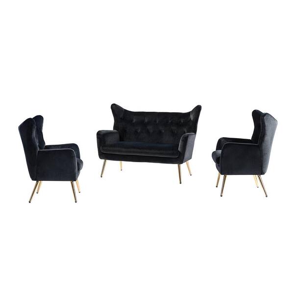 JAYDEN CREATION Esteban 3 Piece Black Living Room Set with Wingback Design