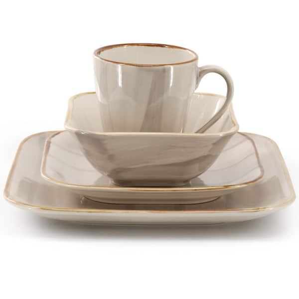 Coventry 16 Piece Square Stoneware Dinnerware Set in Beige Service