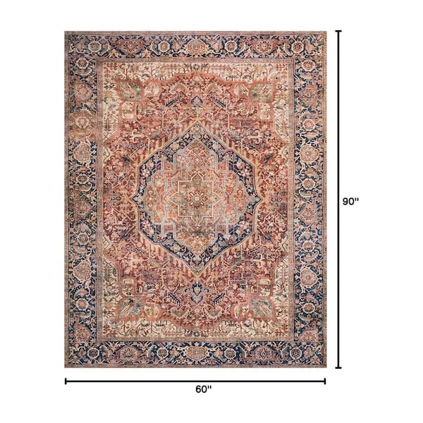 Red and Navy Oriental 5 ft. x 7 ft. Polyester Indoor Area Rug