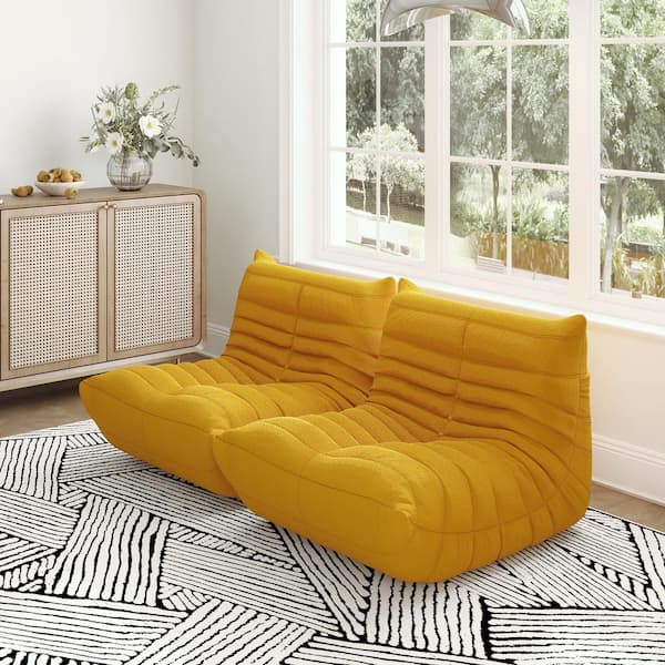 Set of 2 Yellow Teddy Velvet Polyester 34 in. Fireside Lazy Sofa Bean Bag Chair Rebound Sponge Lounge Floor Sofa