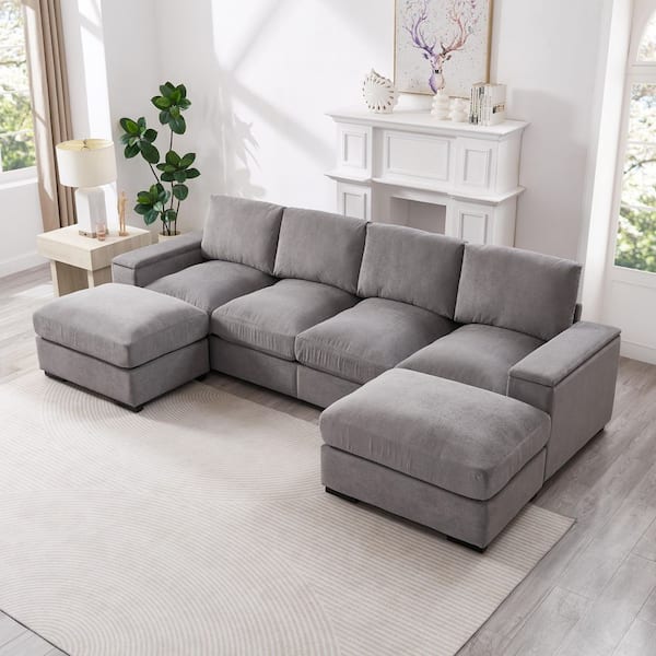 Jaxon Modern 122 in. Storage Square Arms Polyester Upholstery U-Shaped Sectional Sofa in. Gray with Ottomans
