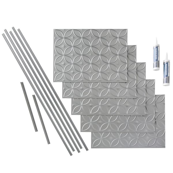 Fasade Rings 18 in. x 24 in. Argent Silver Vinyl Decorative Wall Tile Backsplash 15 sq. ft. Kit
