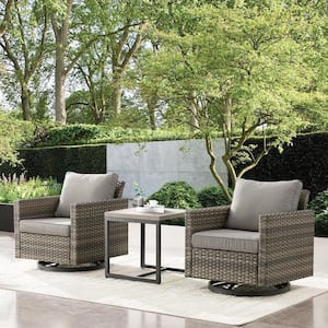 U-Foot 3-Piece Gray Swivel Glider Wicker Outdoor Rocking Chair with Gray Cushions and Side Table