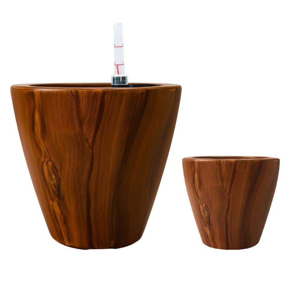 10 in. Dark Wood Plastic Self-Watering Planter Pot with Indoor/Outdoor Use 