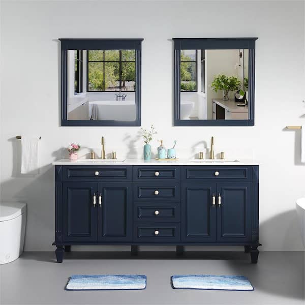 ANGELES HOME 72 in.W x 22 in.D x 35 in.H Double Sink Solid Wood Bath Vanity in Navy Blue w/ White Stain-Resistant Quartz Top,2 Mirror