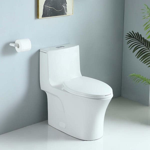 12 in. 1-piece 1.1/1.6 GPF Water-Efficient Dual Flush Elongated Toilet in Glossy White Soft Closing Seat Included