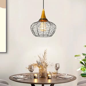 Modern Kitchen Island Pendant Lighting 1-Light Industrial Black & Brass Caged Hanging Pendant Lighting for Dining Room