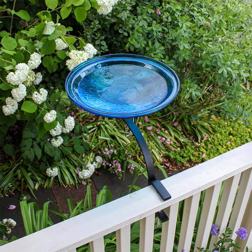 Teal Crackle Glass Birdbath Bowl with Rail Mount Bracket