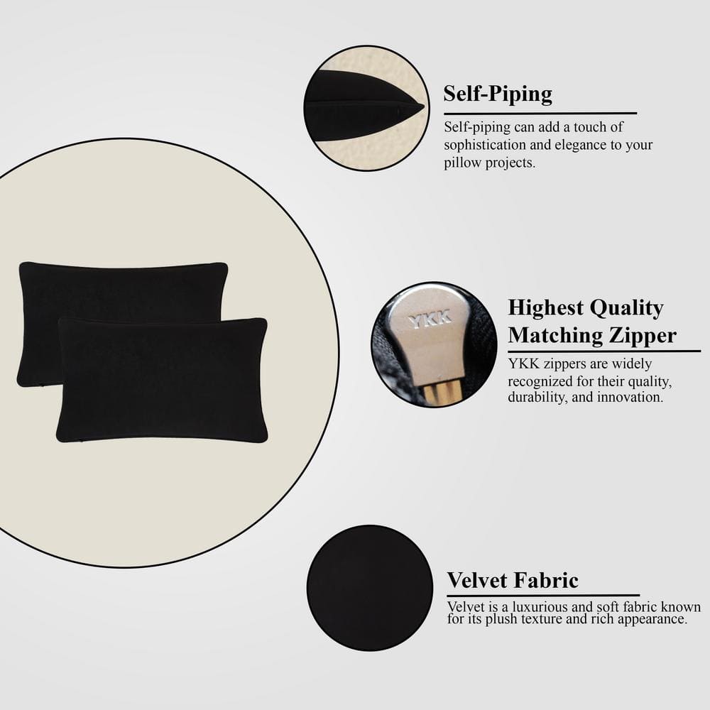 Luxurious Black Velvet Rectangular Pillow Covers Set of 2